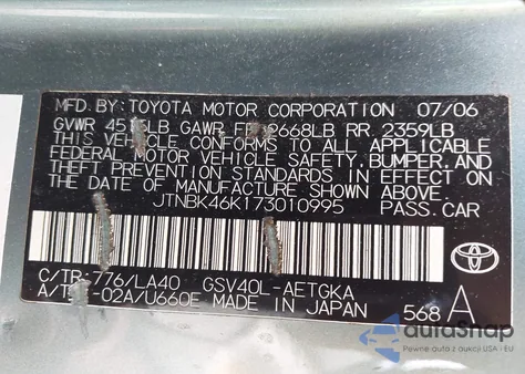 2007 Toyota Camry Xle V6 from USA, damaged, VIN JTNBK46K173010995
